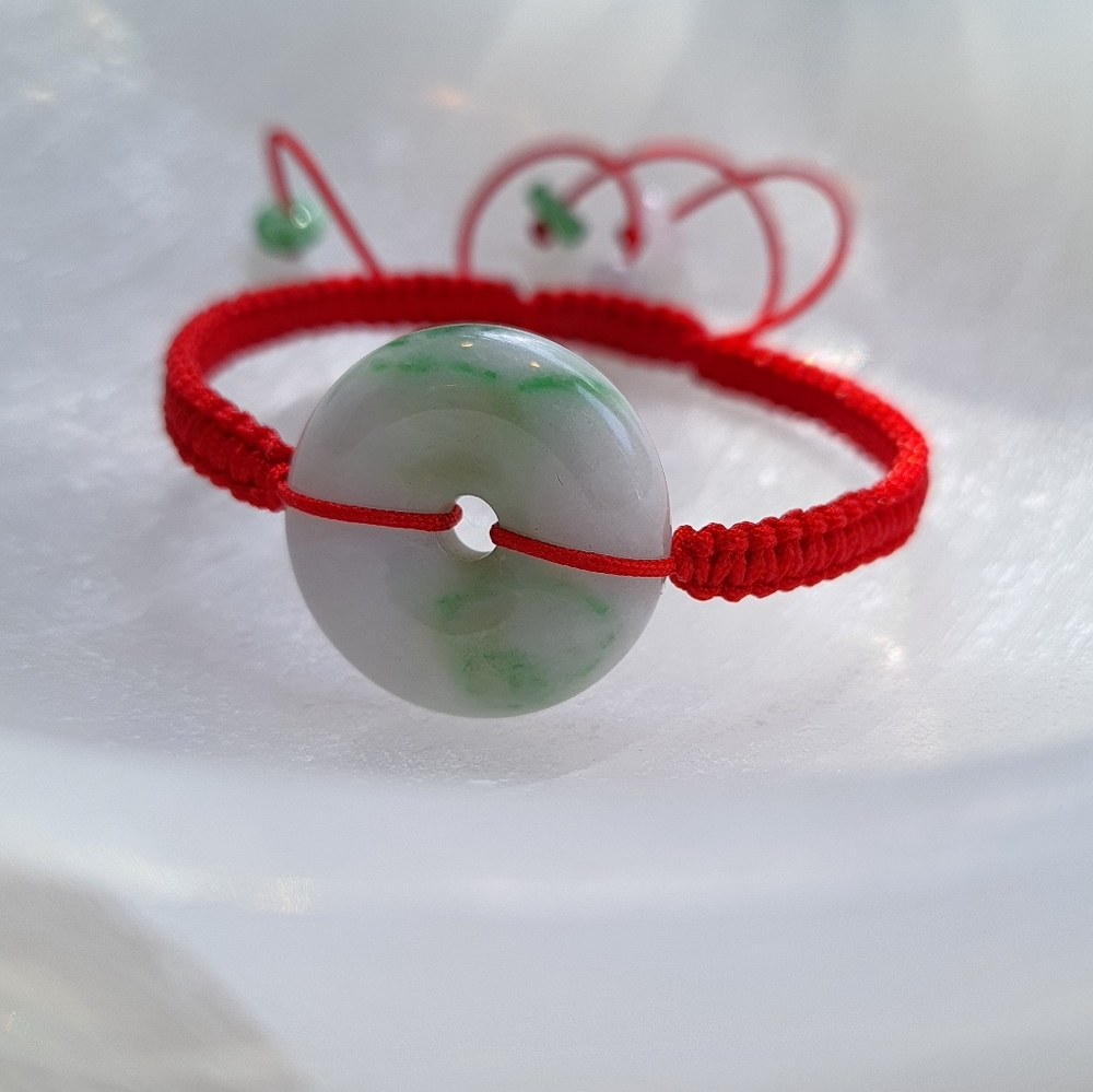 Natural Burmese Jadeite Donut Charm Red String Bracelet - Picture 2 of 8